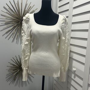 Cream Square Neck Knit Top with Floral Embroidered Puff Sleeves